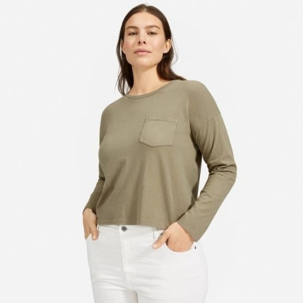 Everlane Long Sleeve Boxy Pocket Tee Olive Green